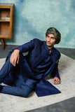 Dark Blue Silk Dupion Self Embroidered Achakan Set (BM-05A)