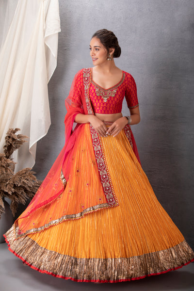 ORANGE CRINKELED LEHENGA SET WITH BLOUSE AND DUPATTA (BRM-25C)