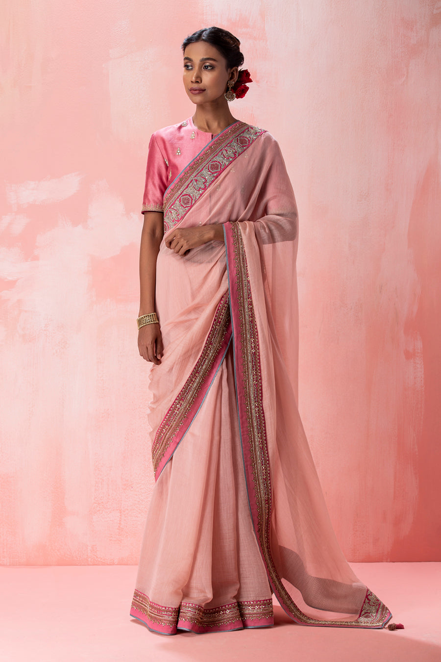 Blush Pink Handloom Kanjivaram Silk Saree With Gold Zari Stripes –  WeaverStory