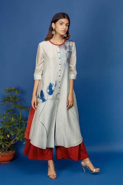 Floral & Abstract Printed Kurta With Trim On Neck Line. Ivory