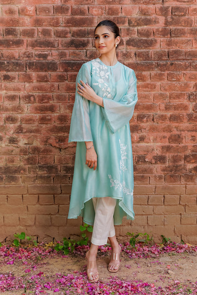 AQUA COTTON EMBROIDERED HIGH LOW TUNIC & SLIP (WH-02)