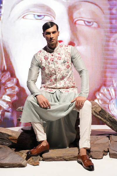 Ivory multicoloured embroidered waist-coat with kurta set ( E-19/TLM-10A)