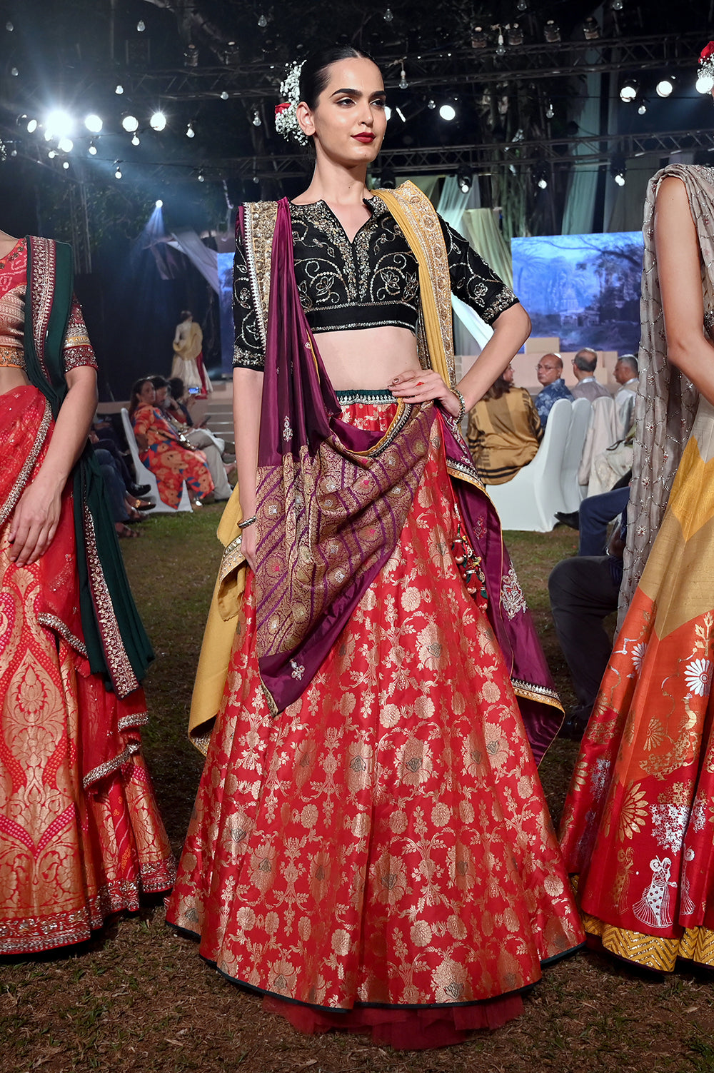 Fiery Red Printed Lehenga with Contrast Embroidery Blouse - Piyanshu Bajaj  - East Boutique