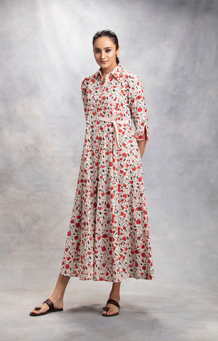 Ivory Floral Jaal Printed Straight Dress ( LW-11A )