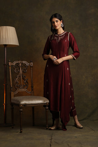Floral Booti Embroidered Asymmetrical Pin-tucks Kurta With Straight Pants (YMN-05)