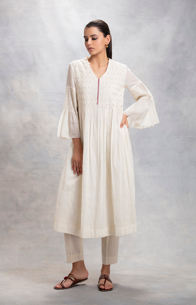 Ivory Smoking & Pin-Tucks Detailed Cotton Tunic ( LW-05 ) – Anju Modi