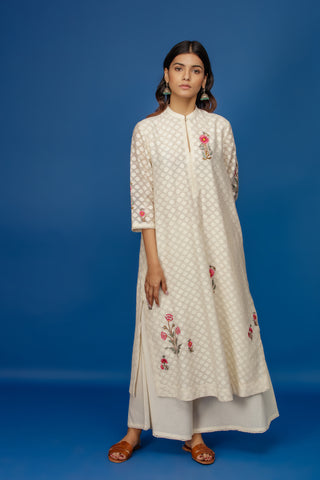 EMBROIDERED JACQUARD KURTA WITH FLARED PALAZZO. IVORY BNS-04A