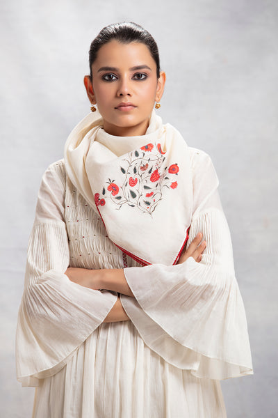 Ivory Cotton Floral Jaal Printed Stole ( LW-23 )