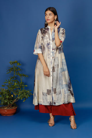 Floral & Abstract Printed Front Open Kurta. Ivory