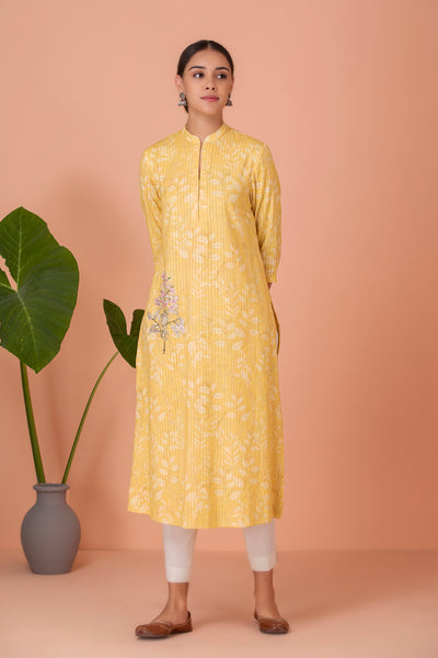 YELLOW  PRINTED KURTA WITH EMBROIDERY (HB-05)