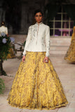 IVORY MATIN TUSSAR ZARDOZI EMBROIDERED PEPLUM BLOUSE WITH YELLOW FLORAL ORGANZA PRINTED CIRCULAR SKIRT (JP-43)