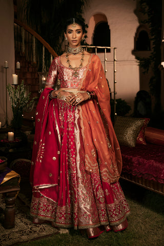 Laxmi-W red silk dupion and lame fabric double layered embroidered lehenga set ( FB-03 )