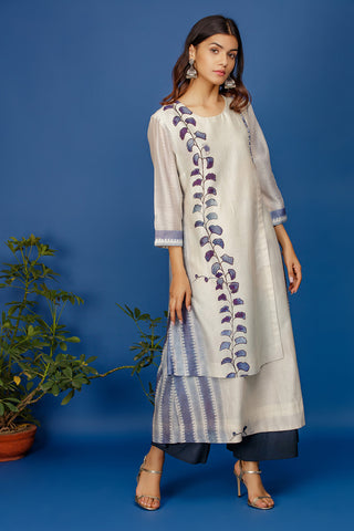 Leaf & Stripe Printed Tunic With Fabric Buttons. Ivory (JB-05A)