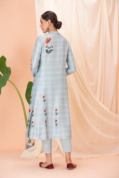 ICE BLUE PRINTED AND EMBROIDERED KURTA SET WITH MATCHING PANTS (ALY-06)