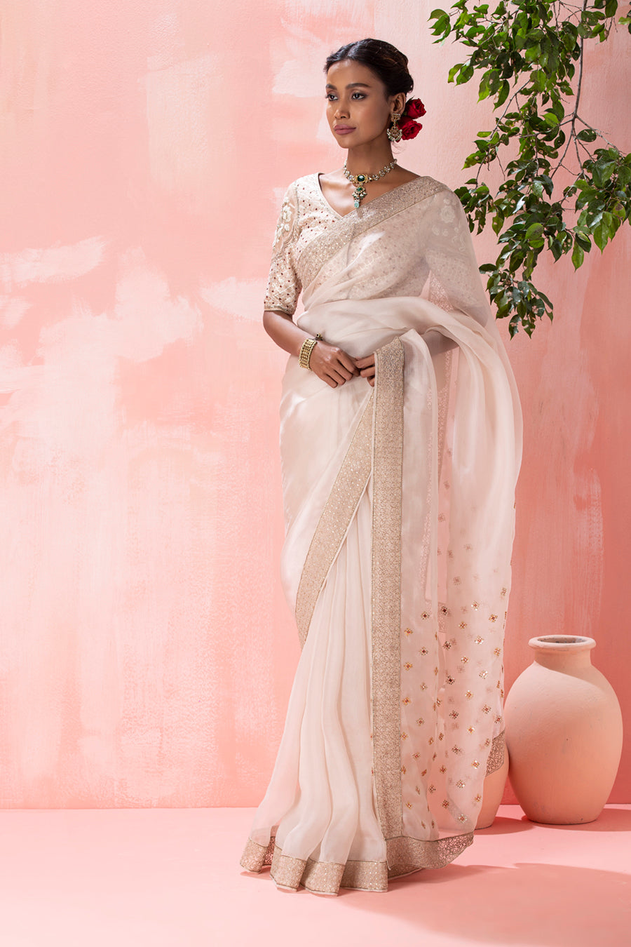 Patterned Floral Printed Silk Off White Saree|SARV125120