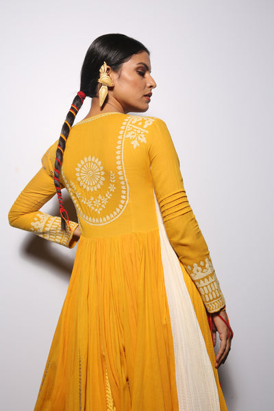 Turmeric & Ivory khadi embroidered & foil printed angrakha set ( SA-01 )