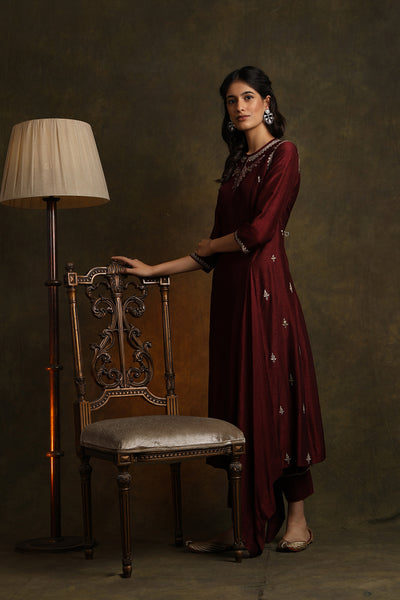 Floral Booti Embroidered Asymmetrical Pin-tucks Kurta With Straight Pants (YMN-05)