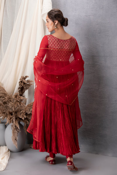 RED CRINKELED ANARKALI WITH EMBROIDERY ON BODICE PAIRED WITH RED CHURIDAR AND DUPATTA (LS-03)