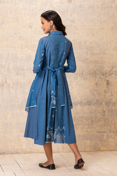 ICE BLUE LAYERED COTTON JAAMDANI  DRESS (JD-02)