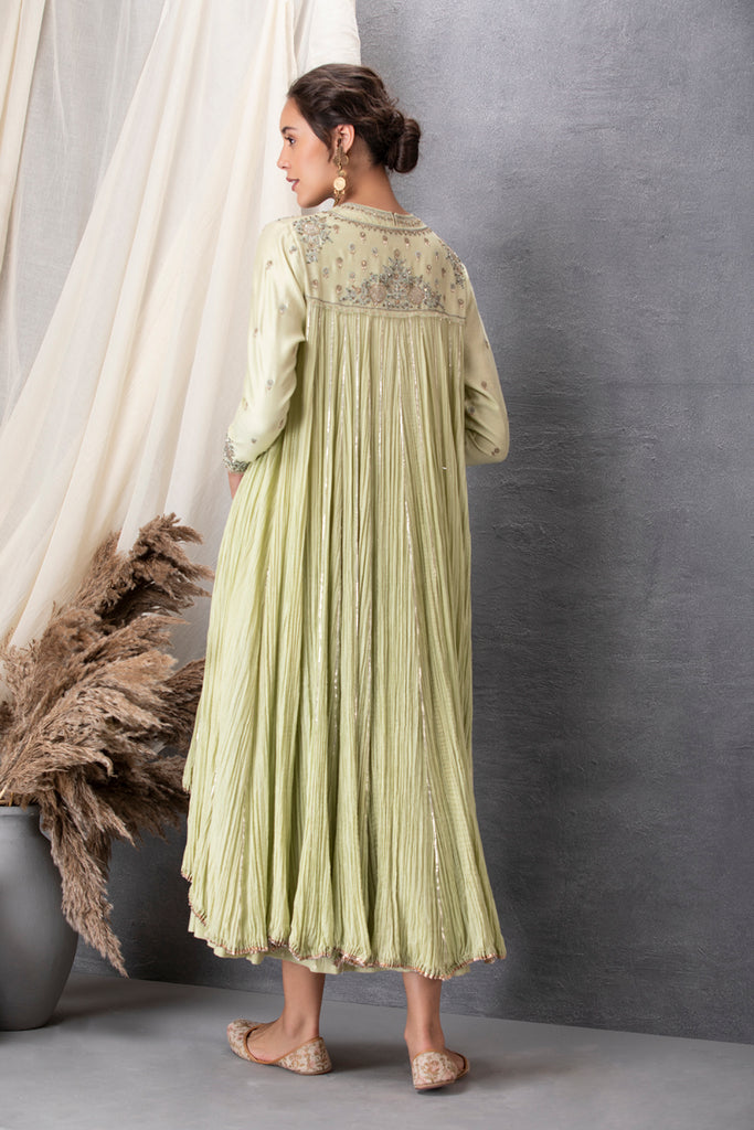 PISTA GREEN CRINKELED JACKET WITH DRESS (BV-04) Anju Modi PISTA GREEN CRINKELED JACKET WITH DRESS (BV-04) Anju Modi