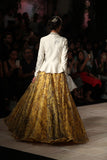 IVORY MATIN TUSSAR ZARDOZI EMBROIDERED PEPLUM BLOUSE WITH YELLOW FLORAL ORGANZA PRINTED CIRCULAR SKIRT (JP-43)