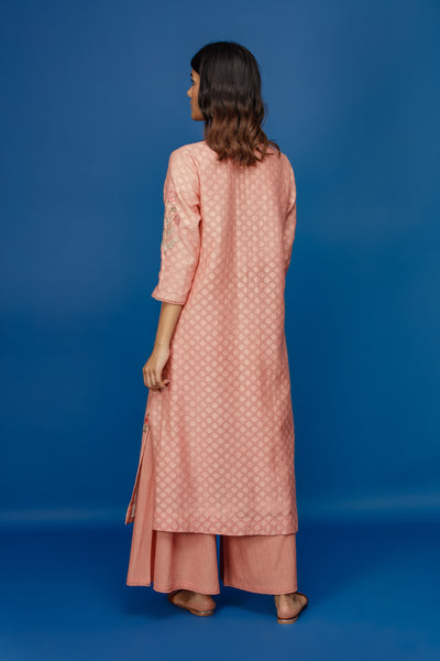 EMBROIDERED JACQUARD KURTA WITH FLARED PALAZZO. OLD ROSE (BNS-04A)