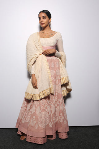 OLD ROSE & IVORY KHADI PEACOCK INSPIRED LEHENGA SET (3 PCS)