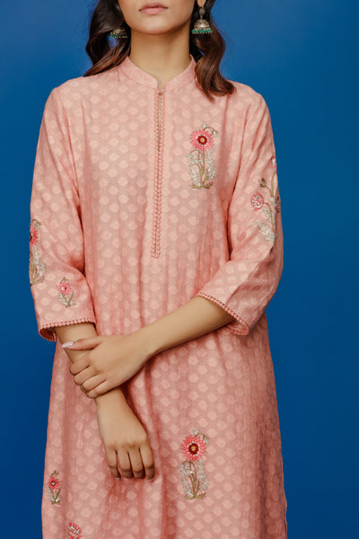 EMBROIDERED JACQUARD KURTA WITH FLARED PALAZZO. OLD ROSE (BNS-04A)