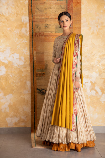 Yellow woolen Pashmina zardozi embroidered dushala ( DUS-72 )