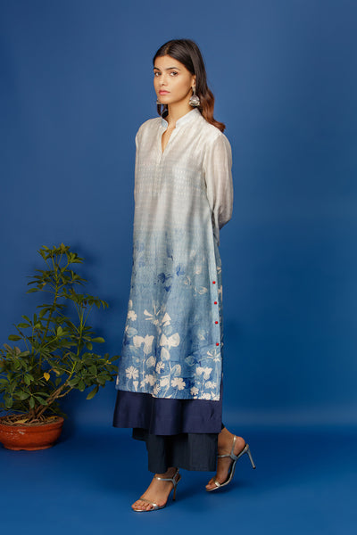 Floral Printed Kurta With Buttoned Down Side Slits. Ivory