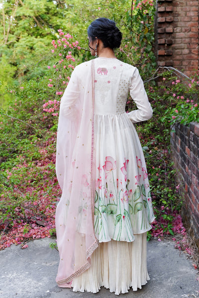 IVORY LOTUS PRINTED AND EMBROIDERED TUNIC WITH EMB. BLOUSE, GAUZE SHARARA AND DUPATTA  (ANK-05A)