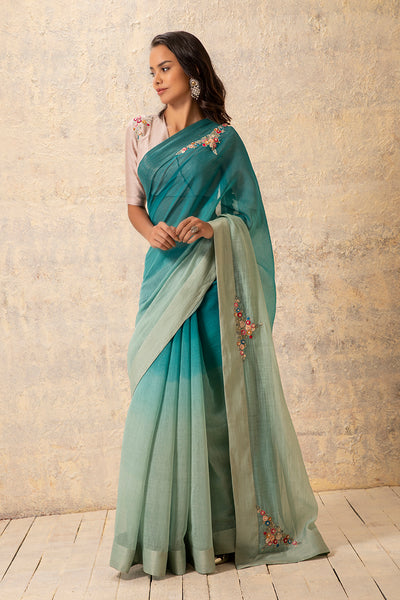 Shaded green floral embroidered  saree set (EM-05)