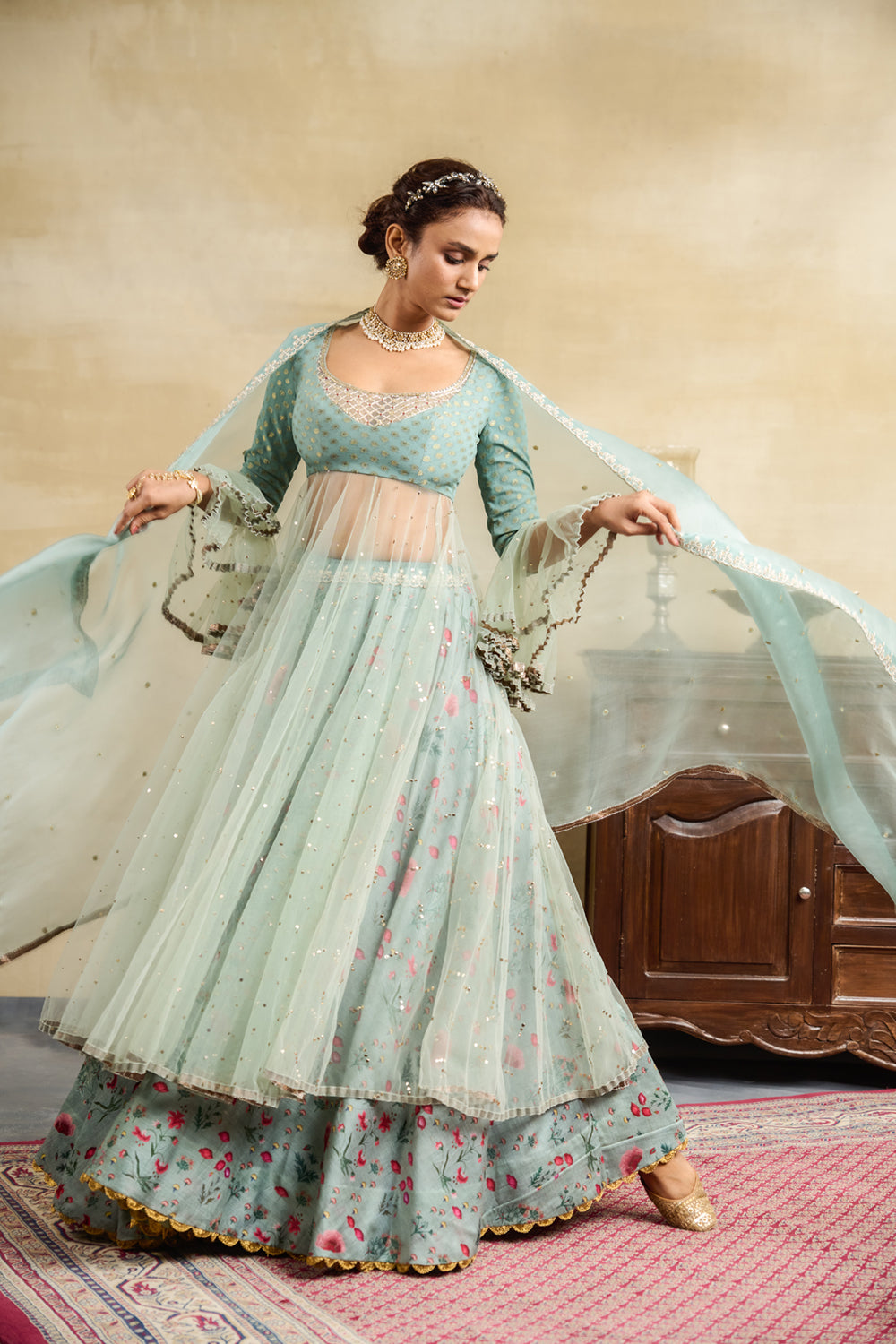 AQUA FLORAL PRINTED & EMBROIDERED ANARKALI SET (3 PCS)  Anju Modi