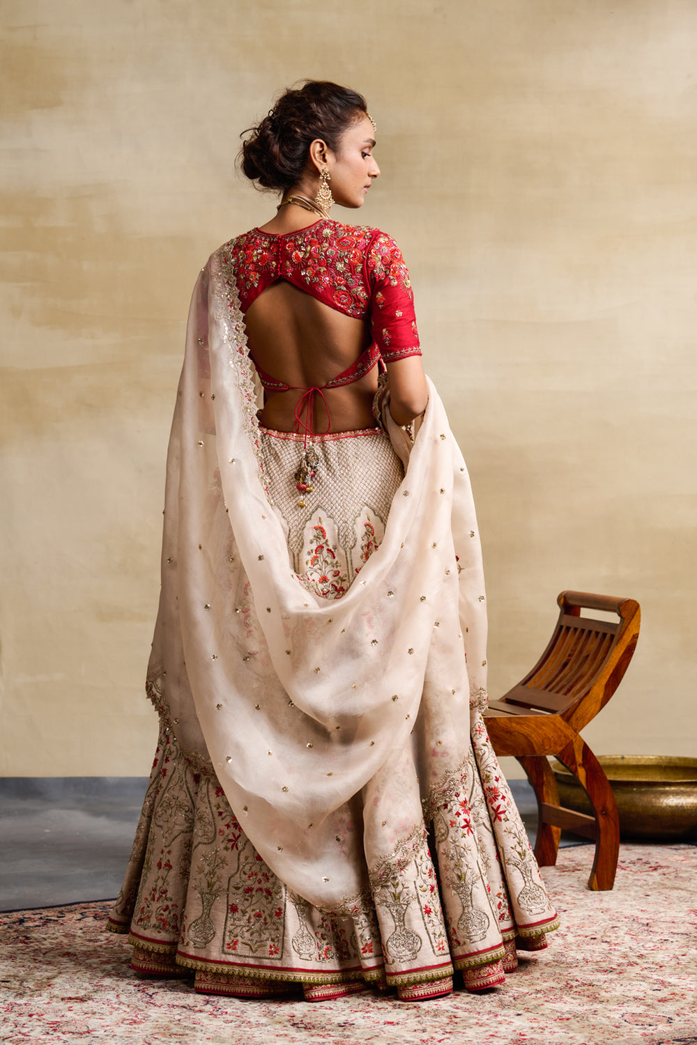 Cream and Green and Red Silk Banarsi Lehenga Choli With Zari work