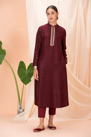 MAROON SILK DUPION KURTA SET (2 PCS)