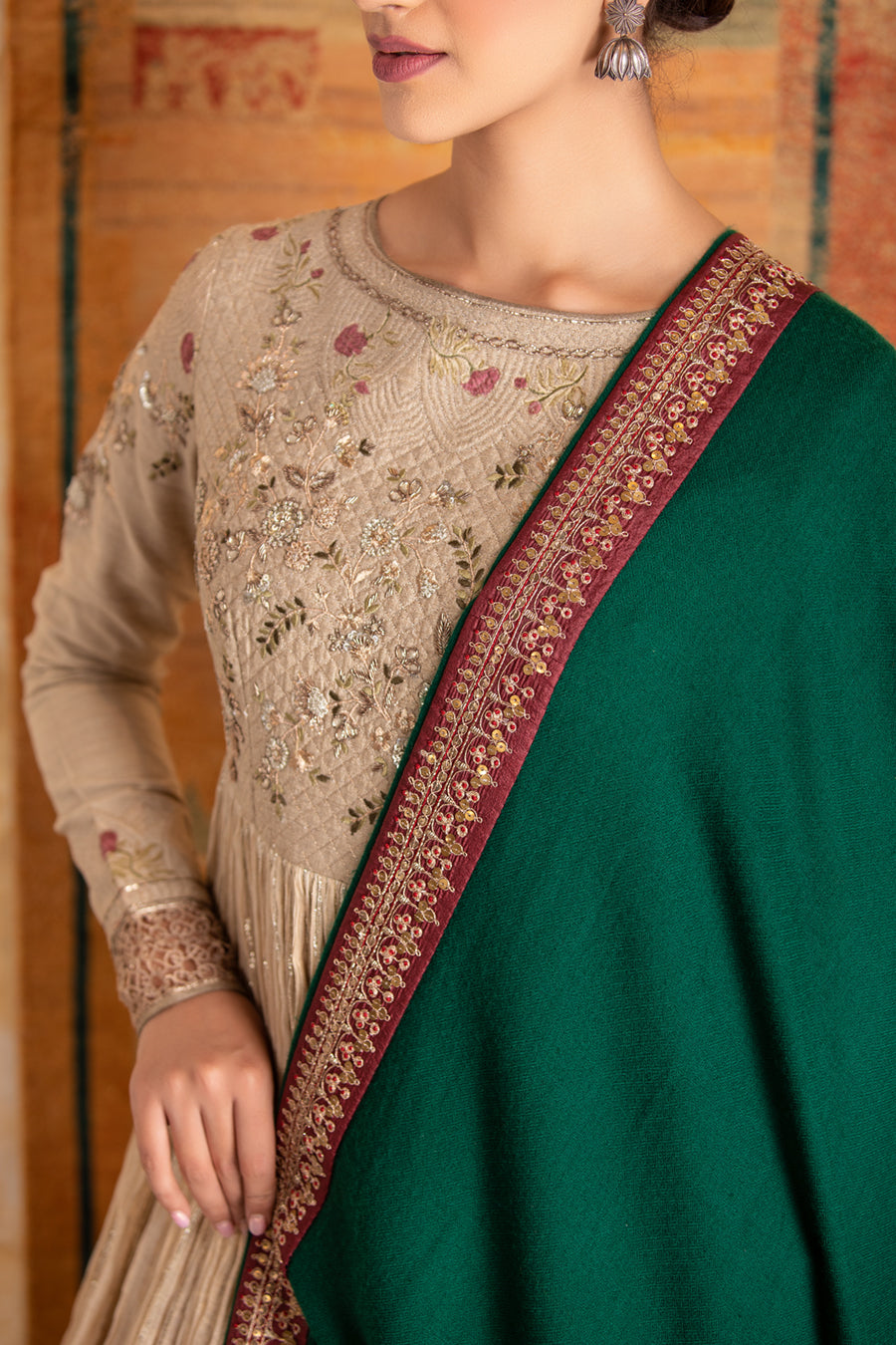 Emerald woolen Pashmina zardozi embroidered dushala ( SHAWL-01