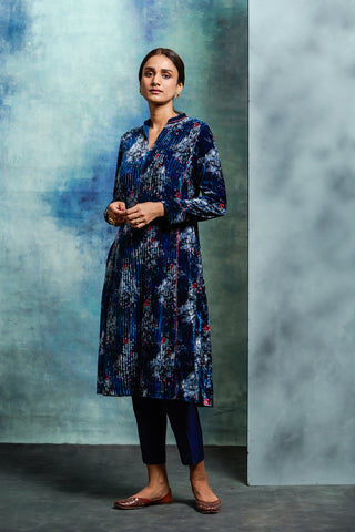 BLUE SILK VELVET EMBROIDERED TUNIC (1 PC)