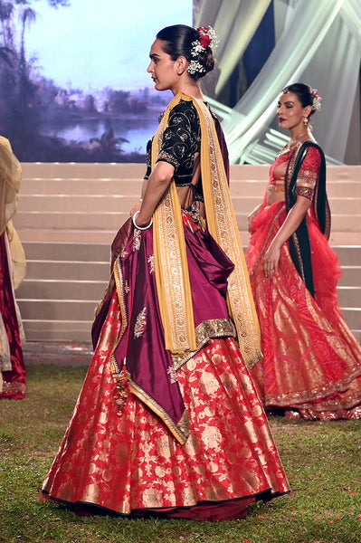 Black and red embroidered brocade lehenga set (FB-09, CRN-01)