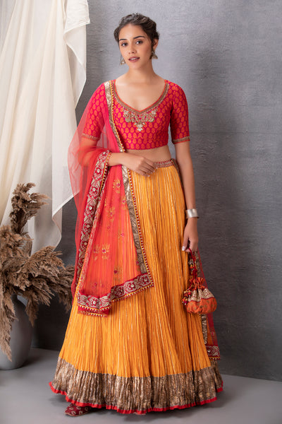 ORANGE CRINKELED LEHENGA SET WITH BLOUSE AND DUPATTA (BRM-25C)