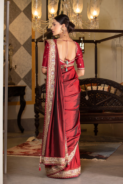 Maroon two tone silk embroidered saree ( YMN-17A )
