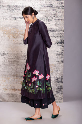 BLACK SILK CHANDERI LOTUS PRINTED TUNIC (1 PC)