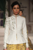 IVORY MATIN TUSSAR ZARDOZI EMBROIDERED PEPLUM BLOUSE WITH YELLOW FLORAL ORGANZA PRINTED CIRCULAR SKIRT (JP-43)