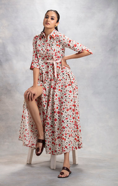 Ivory Floral Jaal Printed Straight Dress ( LW-11A )