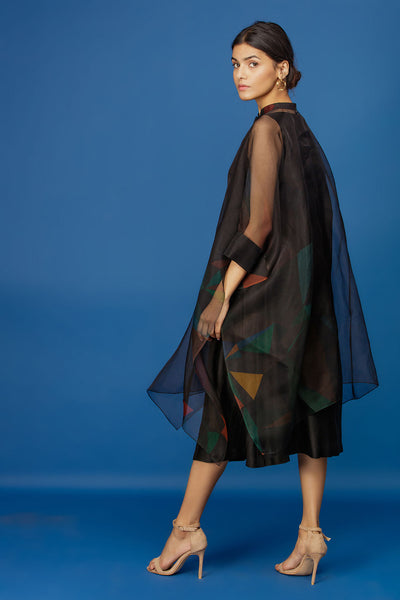 Digital Print Asymmetric Dress - Black