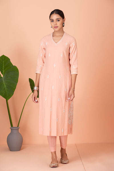 PEACH EMBROIDERED KURTA WITH MATCHING  PANTS AND DUPATTA (SR-07A)