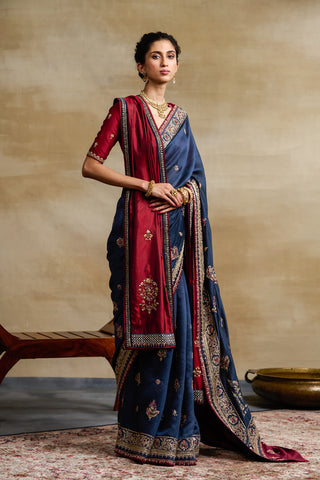 MIDNIGHT BLUE & MARRON GEORGETTE TUSSAR EMBROIDERED SAREE SET (3 PCS)