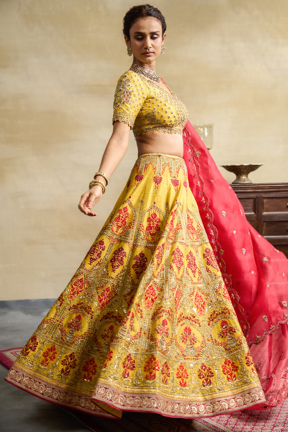 Red Yellow Lehenga Choli with Blouse (Un-Stitched) Repeating Jacquard  Design and Embroidery Botanical Work Dupatta and Blouse.