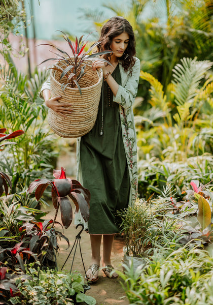 Living Green Lavender Printed Cape Paired With Military Green Embroidered Tunic (HB-13A)