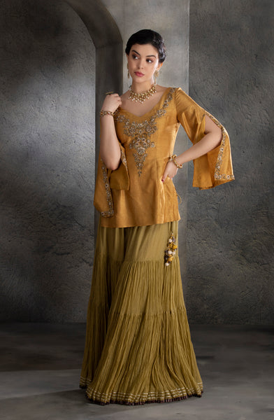 Yellow zardozi embroidered short kurti set (BV-12)
