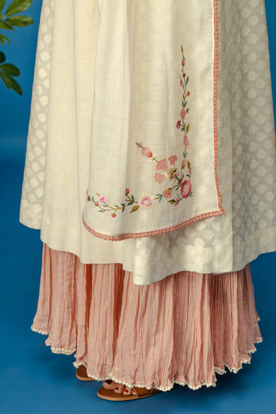 EMBROIDERED JAAL KURTA WITH DUAL COLOUR CRINKLE SKIRT & DUPATTA. IVORY & OLD ROSE  (BNS-07A)